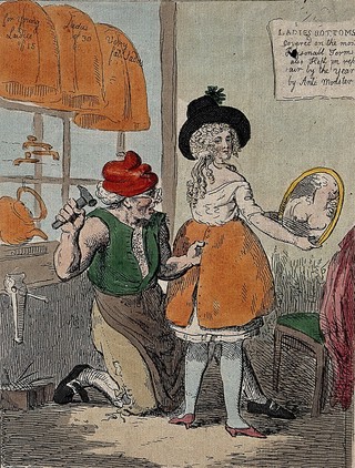Left, a woman is attacked by Renwick Williams with a knife; right, a man is making "copper bottoms" for women to prevent them from being injured in an attack. Coloured etching.