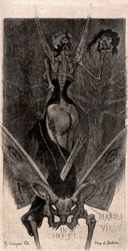 A winged woman with a skull as her head, standing in a man's pelvis, holding in one hand a bow and in the other a man's severed head. Soft ground etching by Félicien Rops.