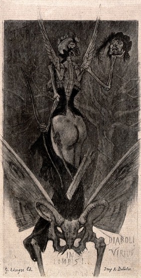 A winged woman with a skull as her head, standing in a man's pelvis, holding in one hand a bow and in the other a man's severed head. Soft ground etching by Félicien Rops.