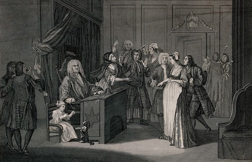 A courtroom scene with a judge, a pregnant woman, a guilty looking man and an angry wife. Engraving by T. Cook after W. Hogarth.