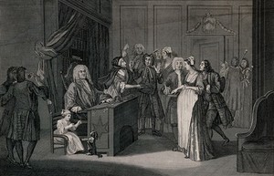 view A courtroom scene with a judge, a pregnant woman, a guilty looking man and an angry wife. Engraving by T. Cook after W. Hogarth.