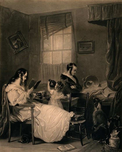 A squalid family scene: domestic items lying around, the mother reading, the father doing nothing, and the child drinking out of the teapot. Mezzotint by J. Scott after S.J.E. Jones.