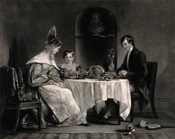 A Quaker family are sitting at the dinner table and the father has his hands together as he gives thanks for the food. Mezzotint by Charles G. Lewis after Alexander Fraser.