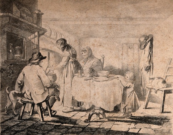 A family at home, with a man sitting on a stool in front of the fire and a woman stirring the pot. Soft-ground etching by T. Vivares, 1800, after G. Morland.