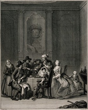view People having a meal with a woman presiding over the table. Engraving by J. Houbraken after C. Troost.