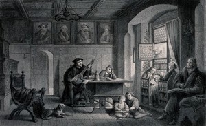 view The domestic life of Martin Luther at Wittenberg: Luther plays the lute, his wife and children listen, along with Melanchthon. Engraving by J.D. Nargeot after P.A. Labouchère.