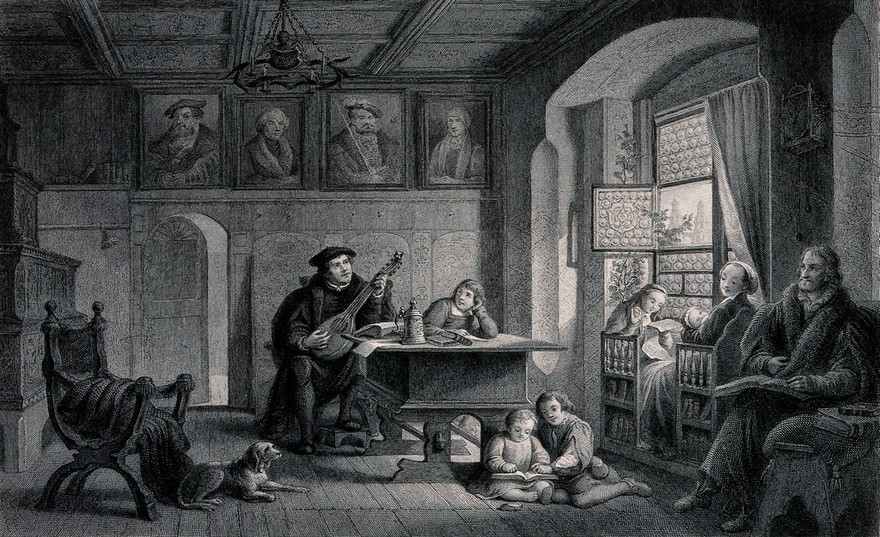 The domestic life of Martin Luther at Wittenberg: Luther plays the lute, his wife and children listen, along with Melanchthon. Engraving by J.D. Nargeot after P.A. Labouchère.