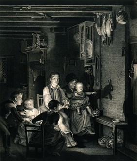 A family sit together in the darkened kitchen where the children are amused by their father making animal shadows in the light shining on the wall. Lithograph by J. Corosjean after David Wilkie.