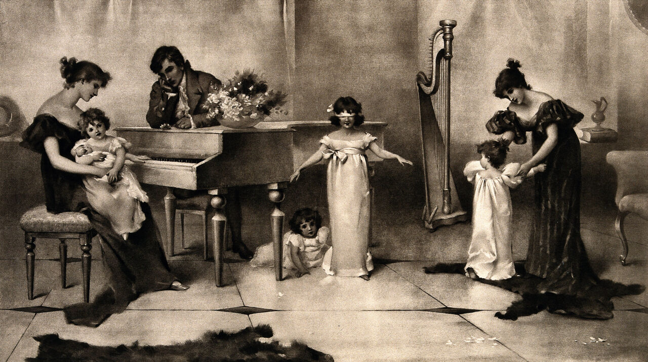 A group of people around a piano, while children play games. Process print after Maude Goodman., by Maude Goodman
