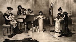 view A group of people around a piano, while children play games. Process print after Maude Goodman.