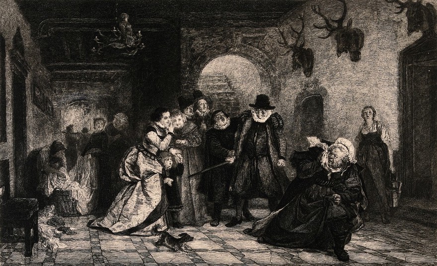 An episode in The merry wives of Windsor: Ford raises a stick to beat Falstaff disguised as Mrs Ford's maid's aunt. Etching by W. Krauskopf after W. Lindenschmit the younger.