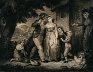 view A husband returns to his wife, the children rush out to greet him and an older woman stands in the doorway. Mezzotint.