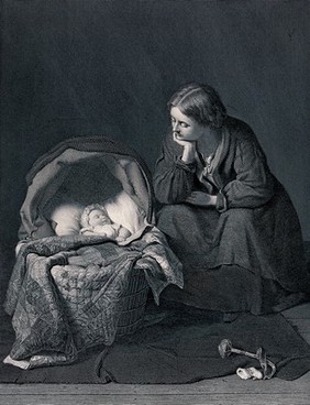 A young mother sits and looks at her baby who is asleep in the crib. Engraving.