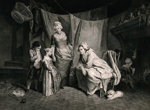 view Two women reprimanding two children. Engraving by J. Chevillet, 1785, after J.A. de Peters.