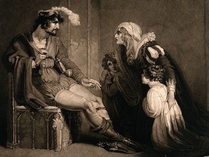 A woman [Anne?] and two children are kneeling at the feet of a man in a feathered cap [Richard III?]. Mezzotint.