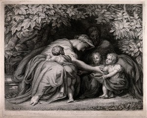 view A family group in a leafy bower: the mother leaning forward to tend to two children, another child against her knees. Engraving by W. Y. Ottley, 1828, after himself, 1792.