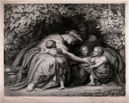 A family group in a leafy bower: the mother leaning forward to tend to two children, another child against her knees. Engraving by W. Y. Ottley, 1828, after himself, 1792.