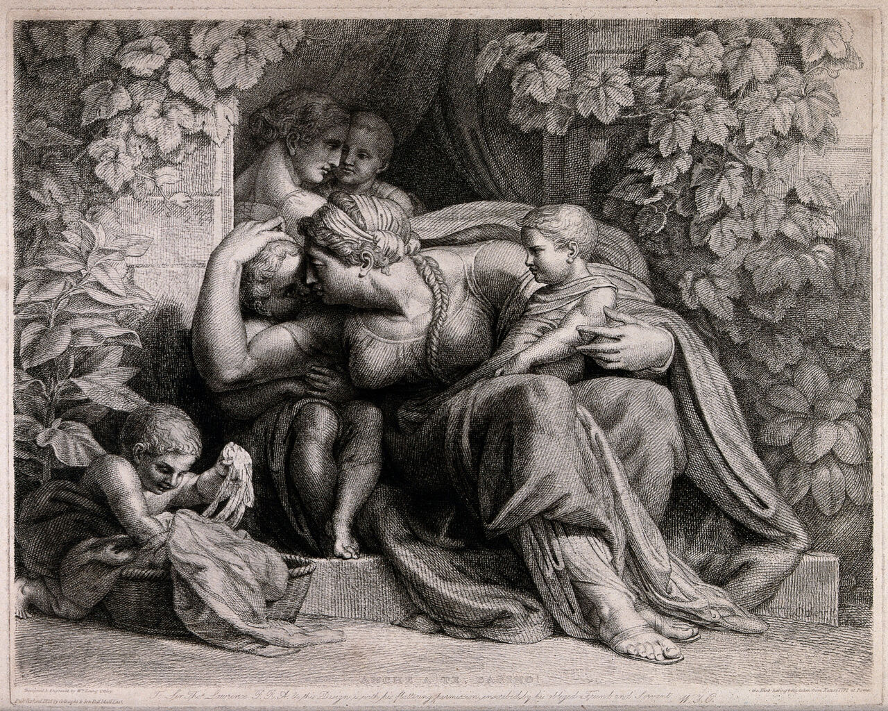 Two women (or a woman and a man) with four children in the doorway of a stone house in Rome. Etching by William Young Ottley after himself., 1828, by William Young Ottley