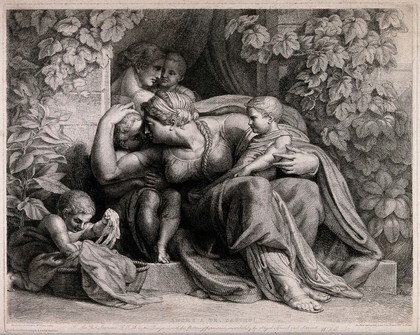 Two women (or a woman and a man) with four children in the doorway of a stone house in Rome. Etching by William Young Ottley after himself.