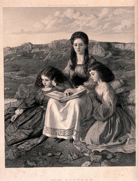 Edith Mary Liddell; Ina Liddell; and Alice Liddell, sitting in a grassy landscape at Llandudno with a book. Engraving after W.B. Richmond.