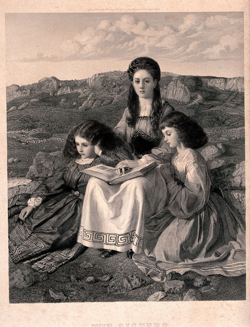 Edith Mary Liddell; Ina Liddell; and Alice Liddell, sitting in a grassy landscape at Llandudno with a book. Engraving after W.B. Richmond., February 2nd 1867, by William Blake Richmond