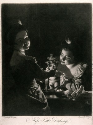 view Two girls dress up a kitten in a bonnet. Mezzotint by T. Watson, 1781, after Joseph Wright.