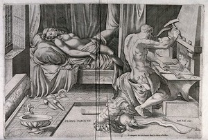 view Vulcan forges metal chains while Venus sleeps. Engraving by Antonio Salamanca after G.F. Mazzola, il Parmigianino.
