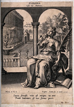 view Susanna sits with one hand on her breast while the other holds a palm, an open book lies on the floor. Engraving by Raphael Sadeler, 1590, after Martin de Vos.