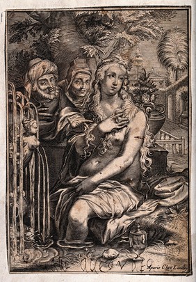 Susanna sits on the side of a pool while two men are watching her from behind. Etching and engraving.