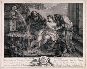 view Susanna is bathing by a pool and is being pestered by two older men. Engraving by Beauvarlet after Vien.