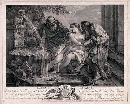 Susanna is bathing by a pool and is being pestered by two older men. Engraving by Beauvarlet after Vien.