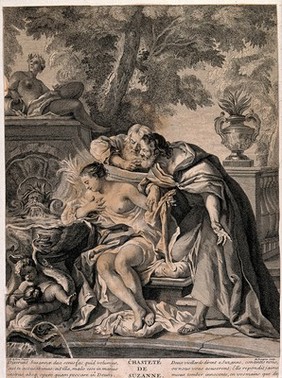 Susanna is resting near to a fountain and two men are watching and leaning over her. Etching by M. Demarne after J.F. de Troy.