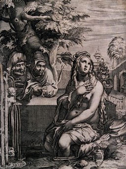 Susanna bathing at the edge of a pool while two men are watching her from over a wall. Engraving after H. Goltzius.