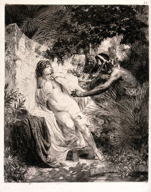 view Susanna standing by a wall near a pool and being approached by two men. Etching by F. Torras Armengol.