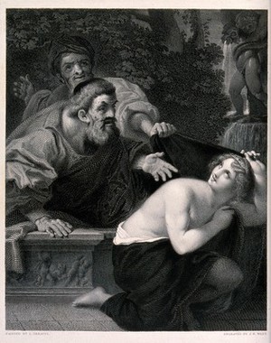 view Susanna and the elders. Engraving by J.H. Watt after L. Carracci.