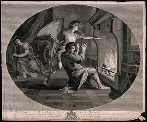 view Tobias cowers back as the angel points to the fire, flames and figures appear, and Sarah watches in the background. Engraving by S.F. Ravenet after R. Earlom after E. Le Sueur.