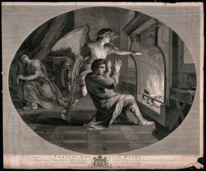 Tobias cowers back as the angel points to the fire, flames and figures appear, and Sarah watches in the background. Engraving by S.F. Ravenet after R. Earlom after E. Le Sueur.