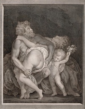 view A woman lies across the knees of her husband as a boy raises the posy of flowers he has in his hand to chastise her. Engraving by L. Valperga after A.E. Gibelin.