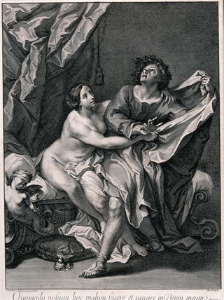 Joseph being seduced by Potiphar's wife. Engraving by J. Frey after C. Cignani.