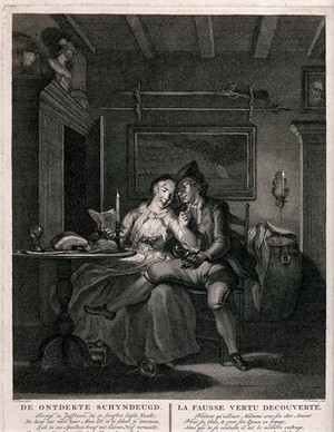 view A young couple sit together at a table, the man has his leg across the woman's knees and a glass of wine in his hand: they are laughing and reading by candlelight. Engraving by J. Houbraken after C. Troost.