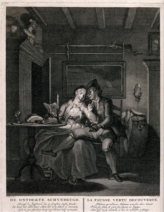 A young couple sit together at a table, the man has his leg across the woman's knees and a glass of wine in his hand: they are laughing and reading by candlelight. Engraving by J. Houbraken after C. Troost.