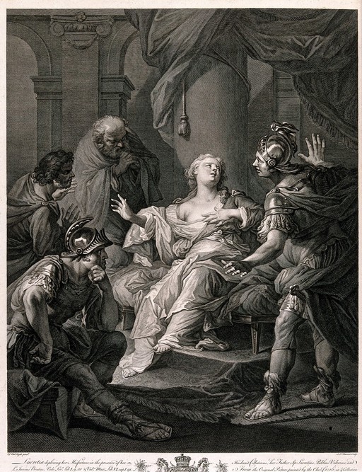 A woman is recounting a distressing tale to her four male companions. Engraving by S.F. Ravenet after Andrea Casali.