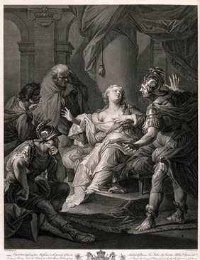 Lucretia recounts to her family and friends her rape by Tarquin, and requests vengeance. Engraving by S.F. Ravenet after Andrea Casali.