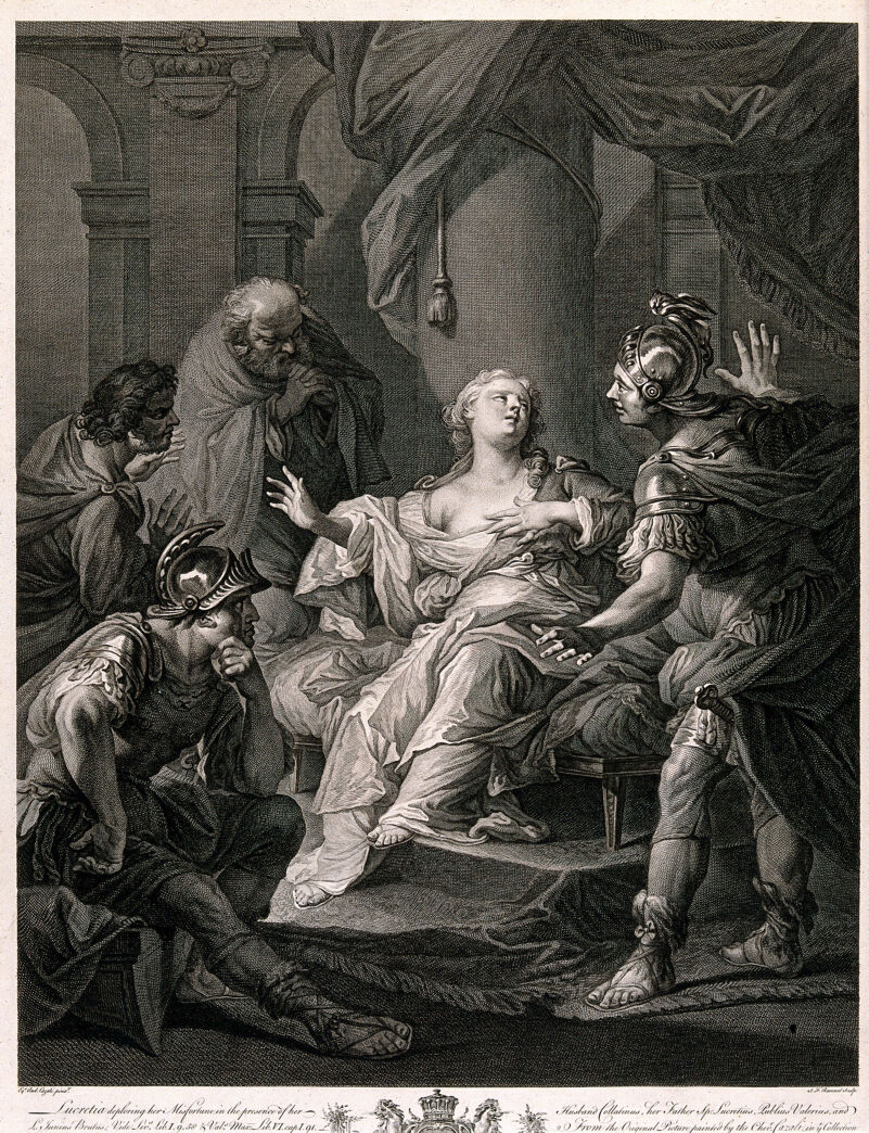 Lucretia recounts to her family and friends her rape by Tarquin, and requests vengeance. Engraving by S.F. Ravenet after Andrea Casali., 11th April 1768, by Andrea Casali