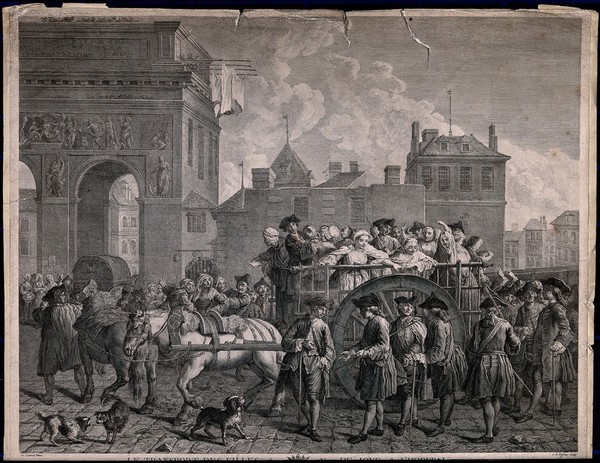 Sex-workers are transported in a cart through the streets of Paris to a hospital for people with sexually transmitted diseases. Engraving by J.C. Le Vasseur after Etienne Jeaurat.