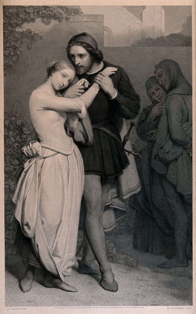 Faust and Marguerite in the garden walking hand-in-hand. Engraving by A. Blanchard III, 1853, after A. Scheffer, 1846., 1853, by Ary Scheffer