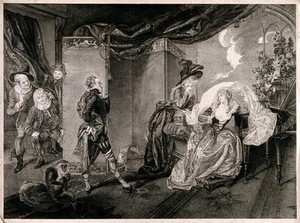 view Malvolio speaks to Olivia in a room, to the amusement of Maria. Stipple engraving by T. Ryder after J.H. Ramberg.