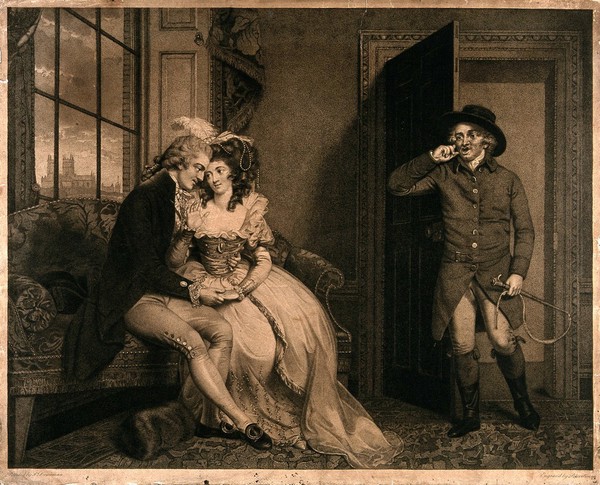 Tom Jones and Sophia Western are seated together on a sofa as Squire Western enters the room with a riding whip. Stipple engraving by Peter Simon after J. Downman.