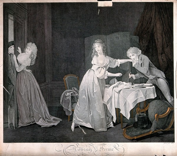 As a young man kisses a young lady's hand, another woman shuts the door fast to prevent an older man (husband of the first woman) from gettting into the room. Engraving by S.-J. Petit, 179-, after L. Boilly.