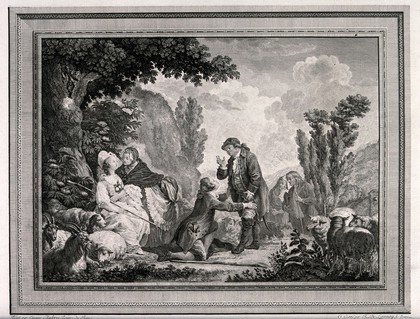 An episode in La bergère des Alpes by Jean-François Marmontel: Fonrose disguised as a shepherd begs forgiveness from his father M. de Fonrose, while the seated goatherd Adelaide de Sevile is embraced by Madame de Fonrose. Etching by R. Delaunay, 1786, after Etienne Aubry.